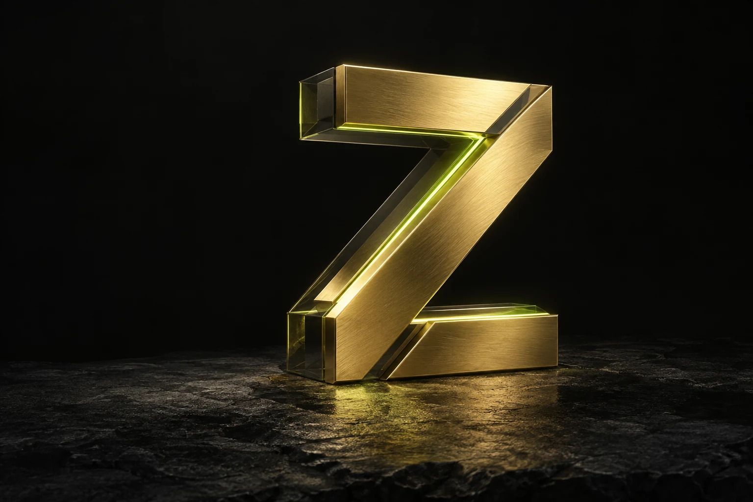 Una Z escultórica en dorado, iluminada en lima sobre fondo negro